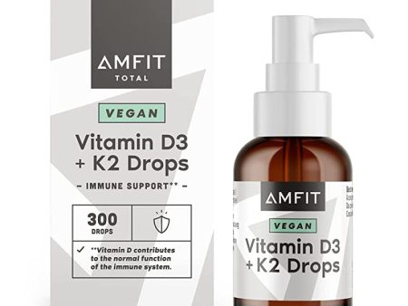 Marca Amazon - Amfit Nutrition Vitamina D3 1000 IU por Gota + K2 MK-7, Vegano, Alta Biodisponibilidad, Respalda Sistema Inmunológico, Huesos, Dientes, Músculos, para Niños y Adultos Embalaje Deteriorado Discount